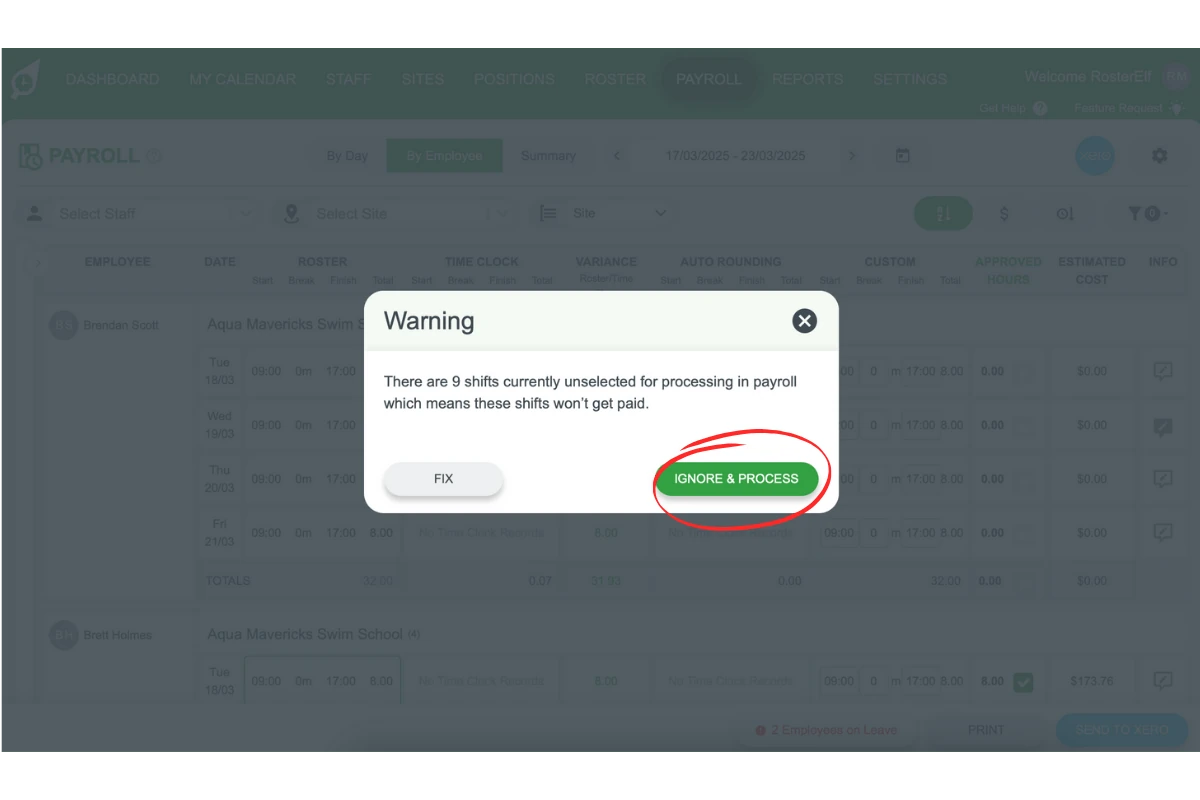Screenshot showing the 'ignore & process' option for unticked shifts