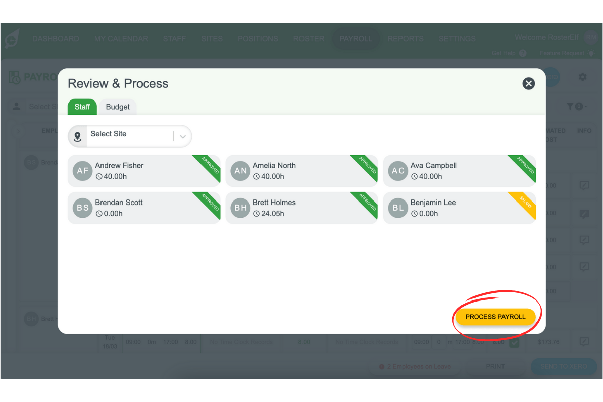 Screenshot prompting you to click 'Process payroll' to finalize