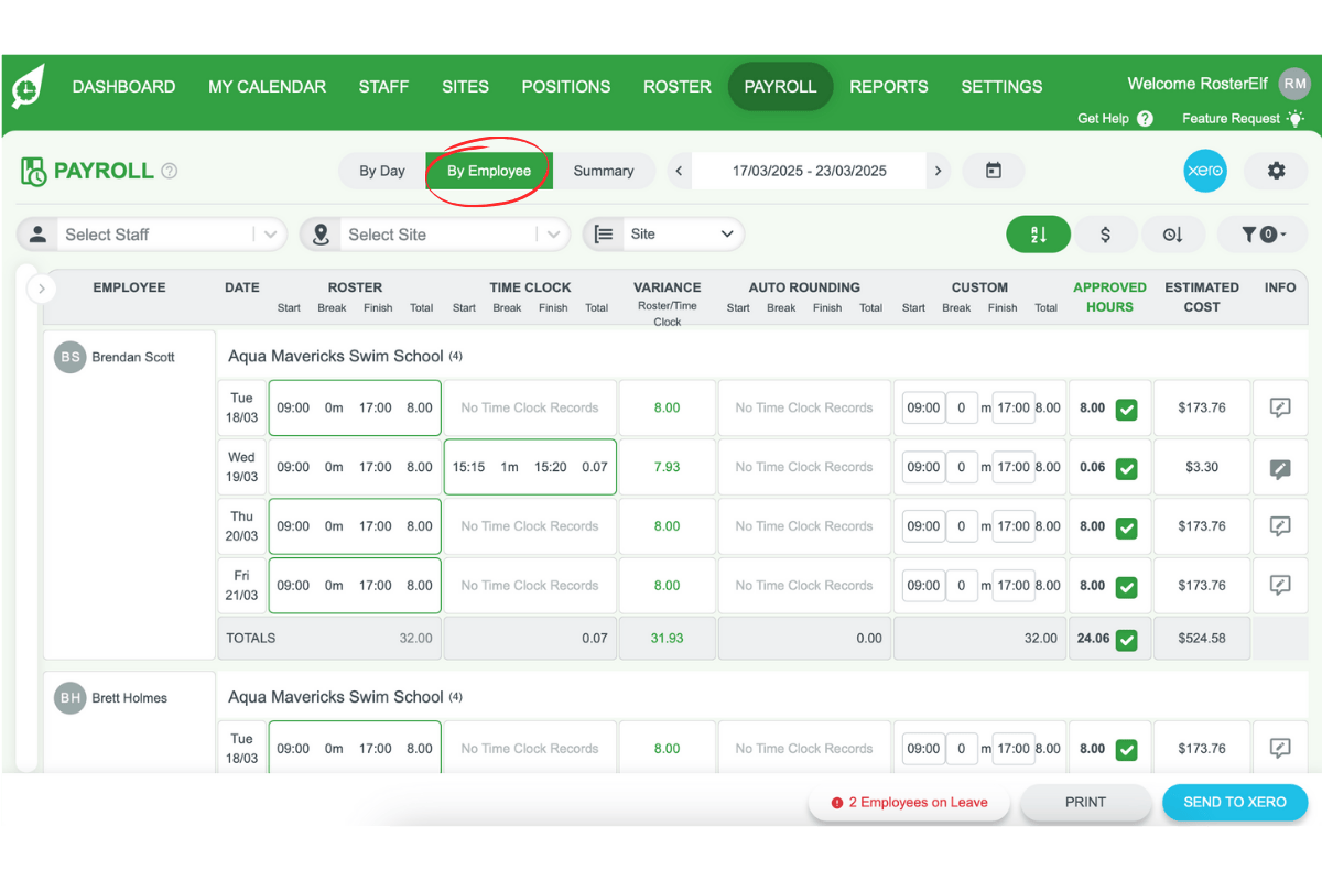 Screenshot showing the 'View by employee' option
