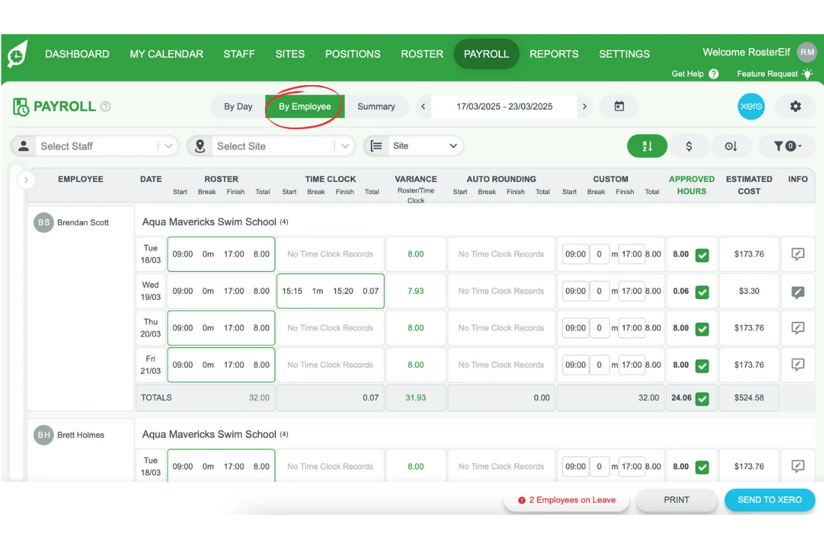 Screenshot showing the 'View by employee' option