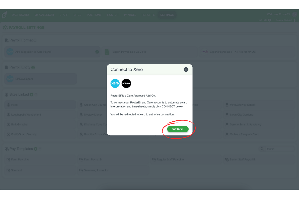 Screenshot of the Connect button