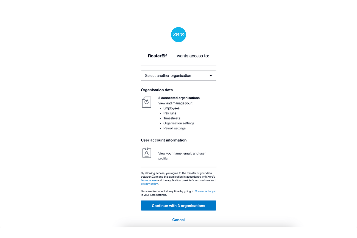 Screenshot for selecting a Xero organisation