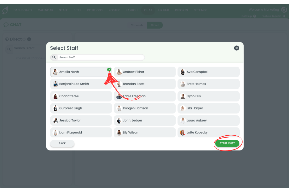 Staff selection modal with Start Chat button