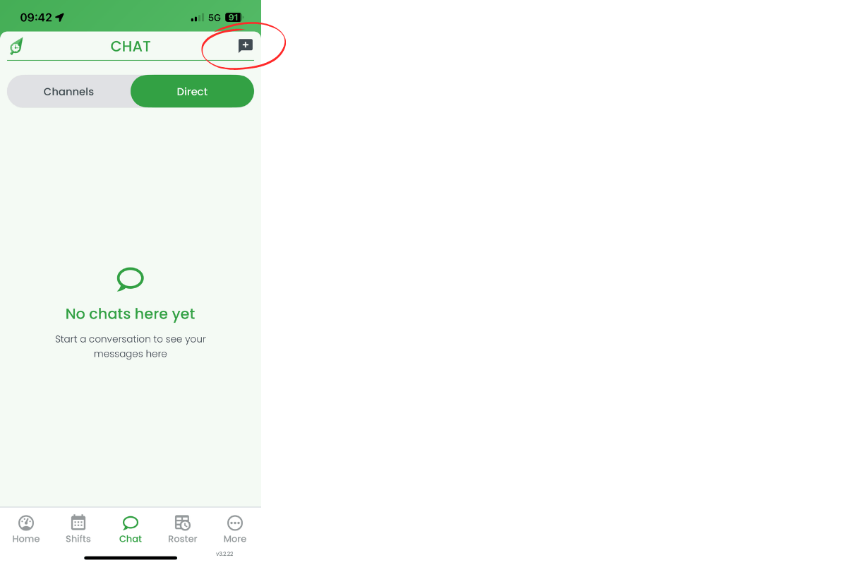 Direct messages screen with plus icon