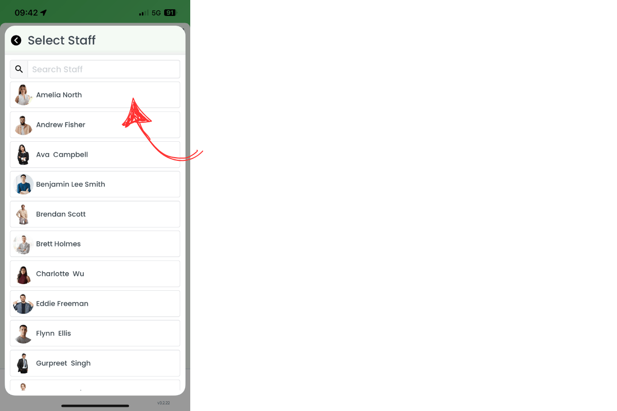 Staff selection list on mobile