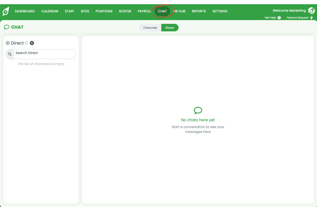 RosterElf web app with Chat highlighted in top menu