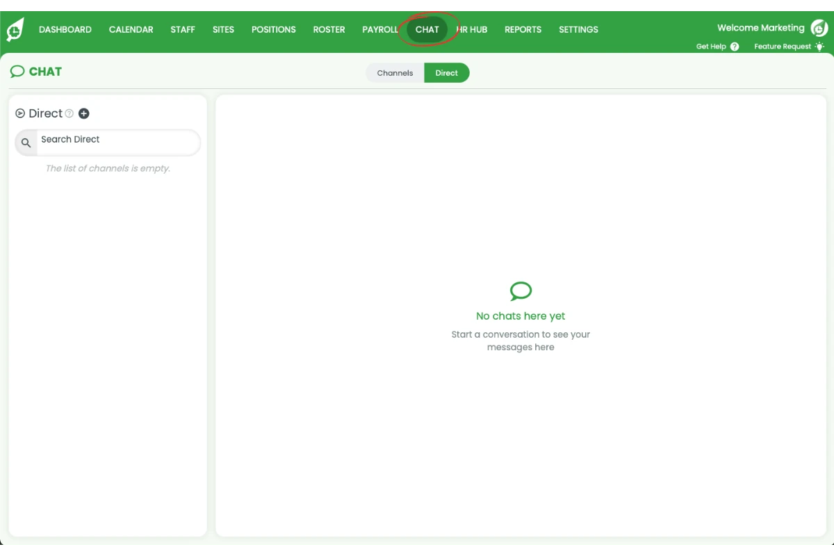 RosterElf web app with Chat highlighted in top menu