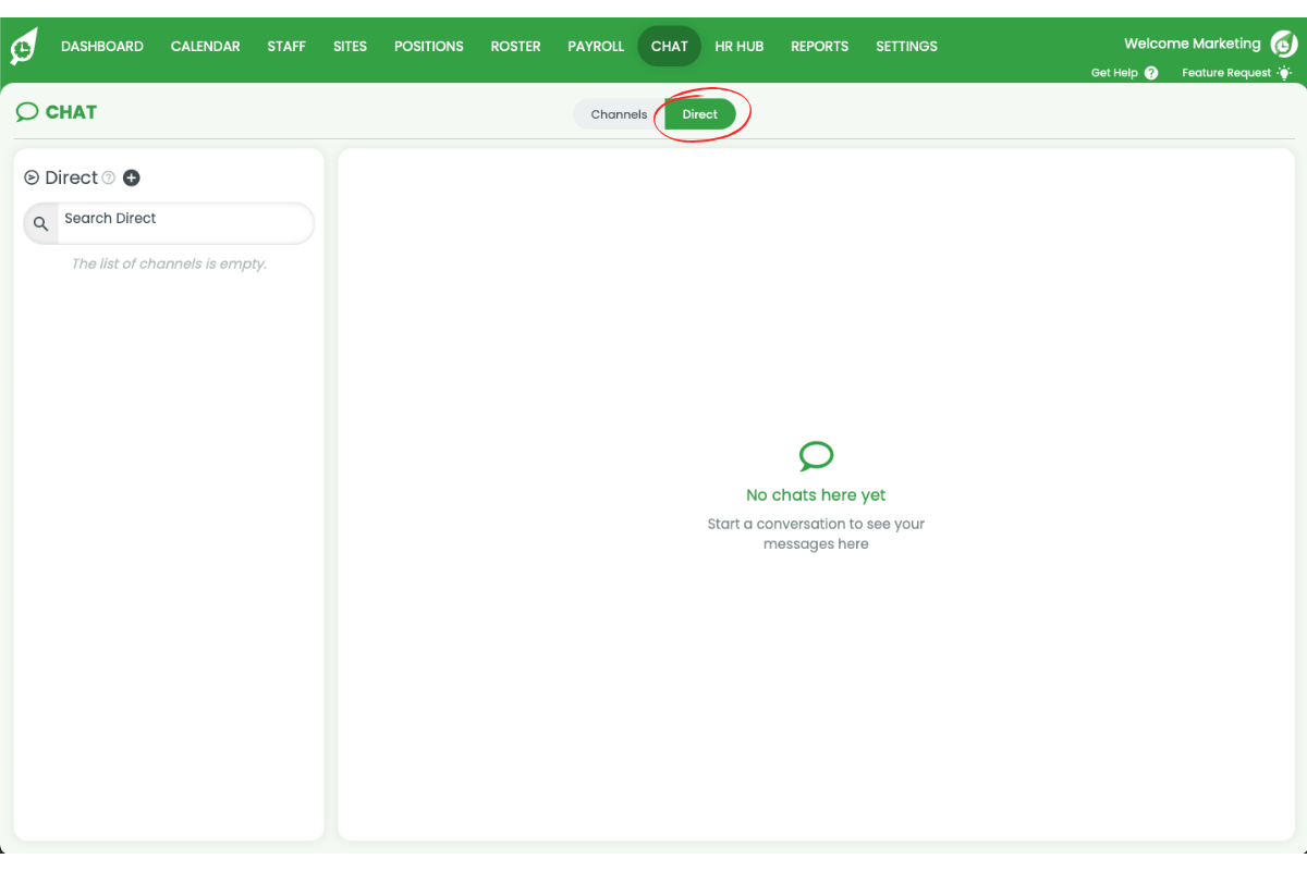 Chat view with Direct tab selected