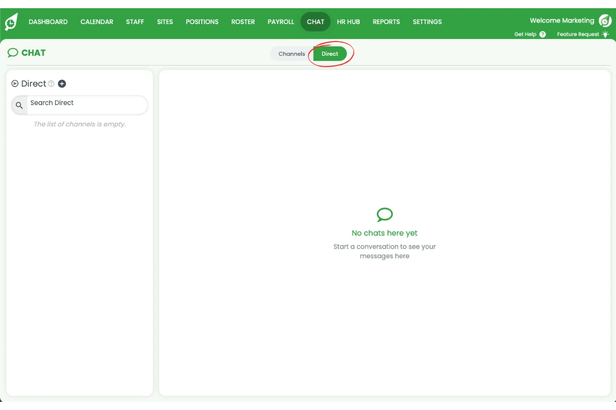 Chat view with Direct tab selected