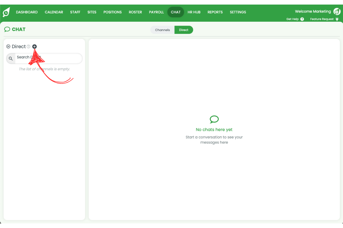Direct messages panel with plus icon