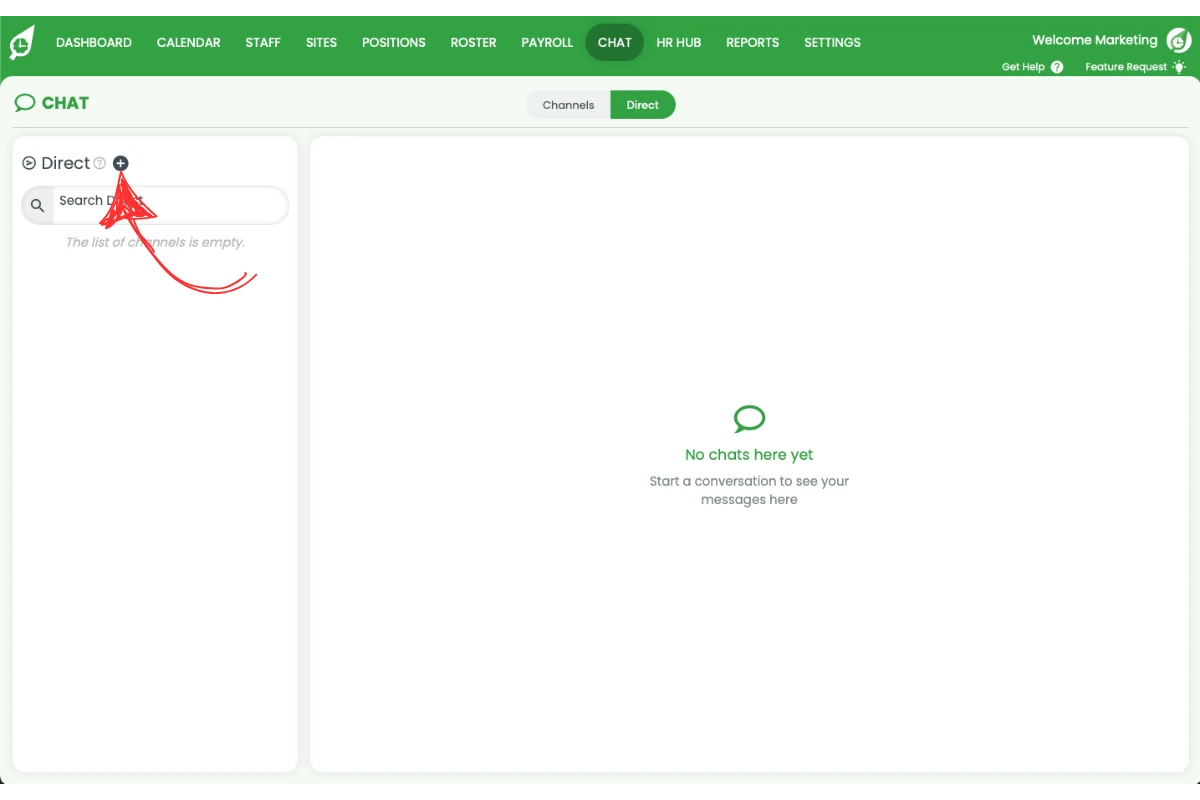 Direct messages panel with plus icon