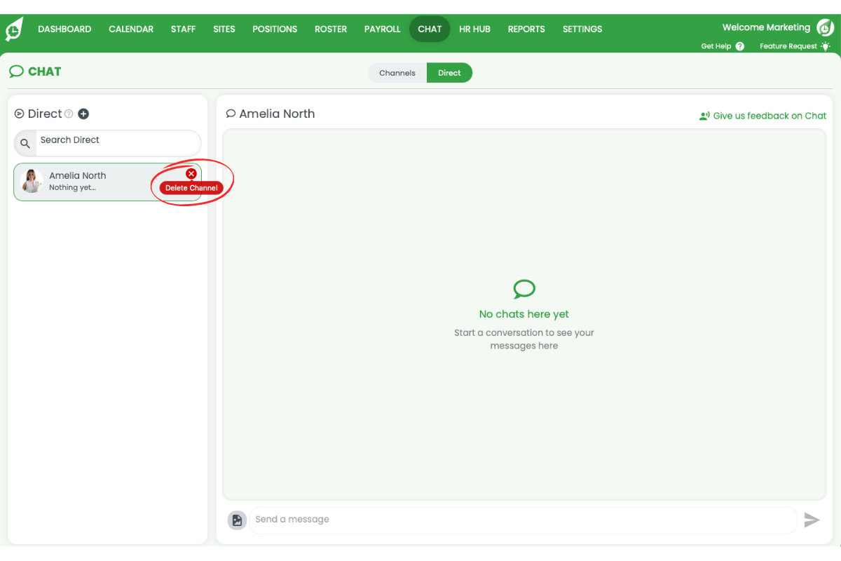 Chat list with x delete icon visible