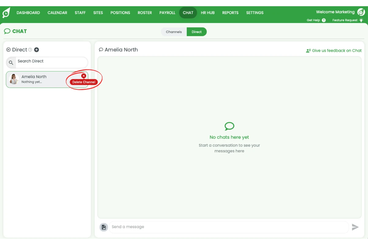 Chat list with x delete icon visible
