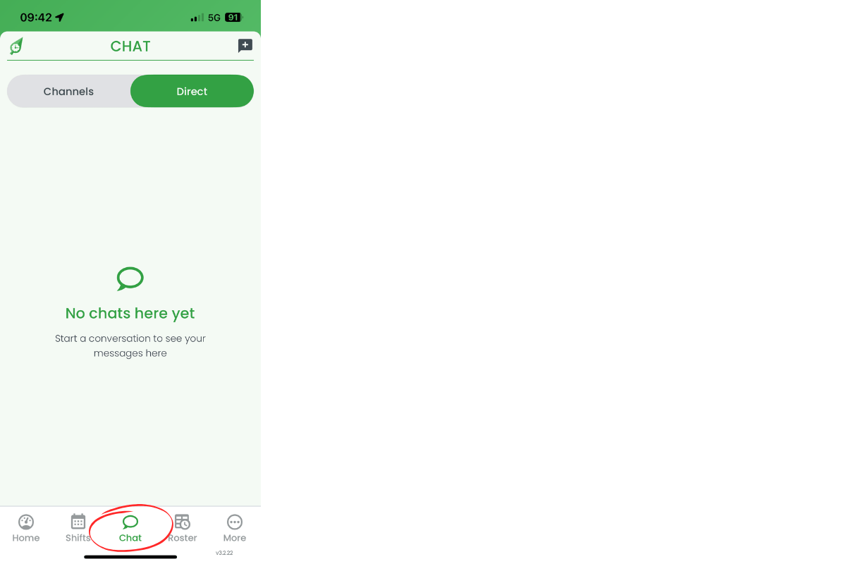 Mobile app with Chat icon highlighted