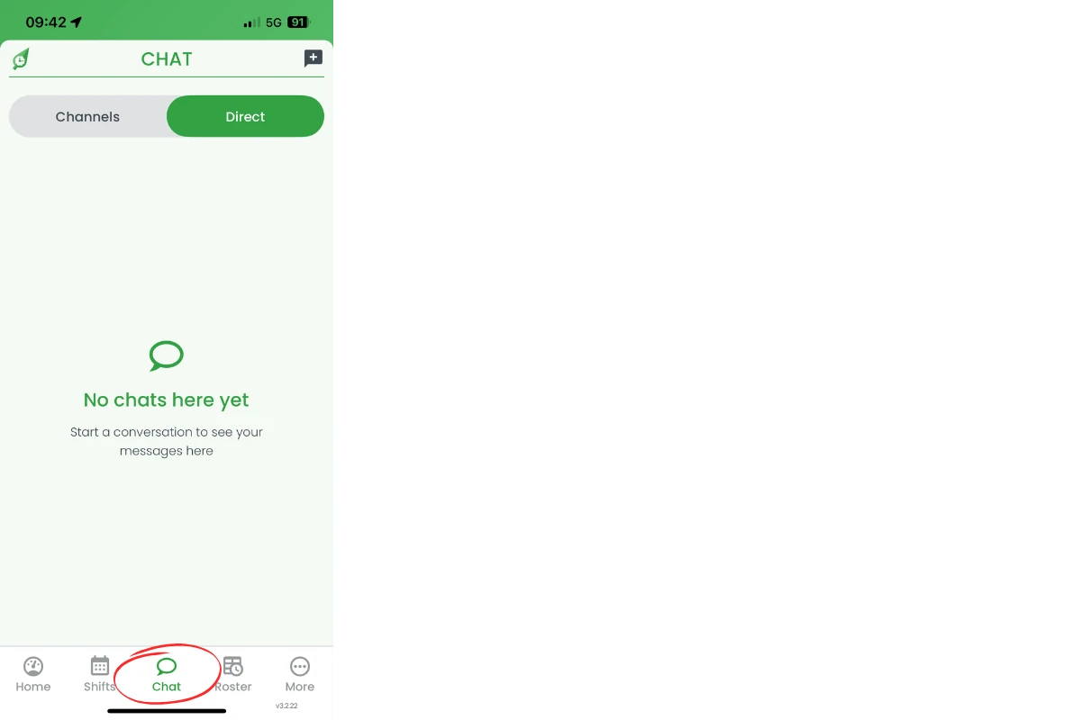 Mobile app with Chat icon highlighted