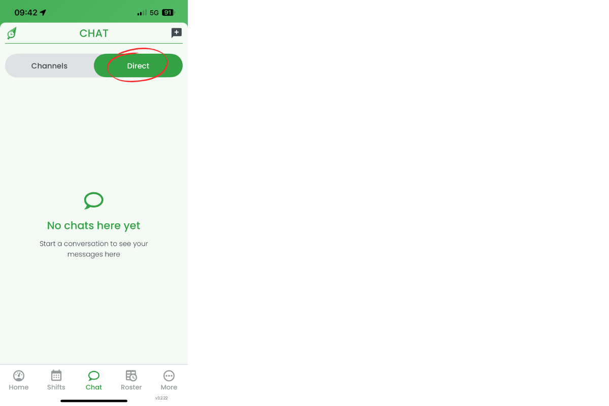 Mobile chat view showing Direct tab