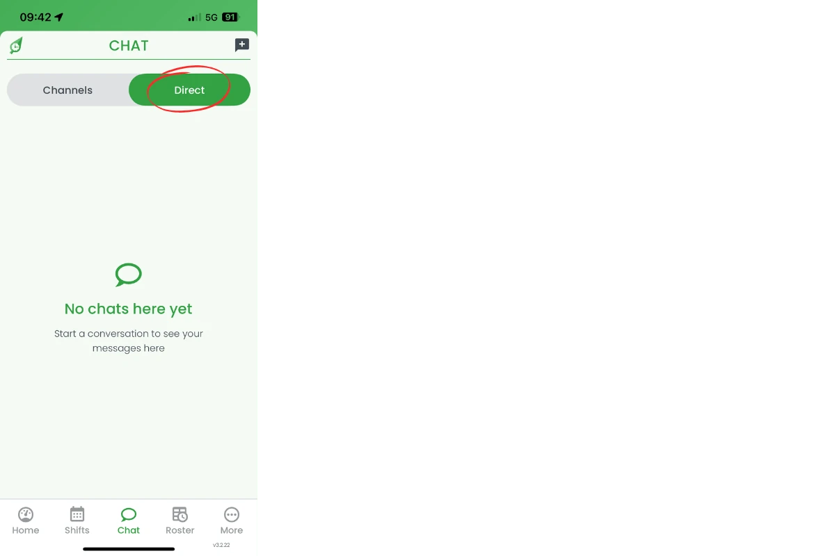 Mobile chat view showing Direct tab