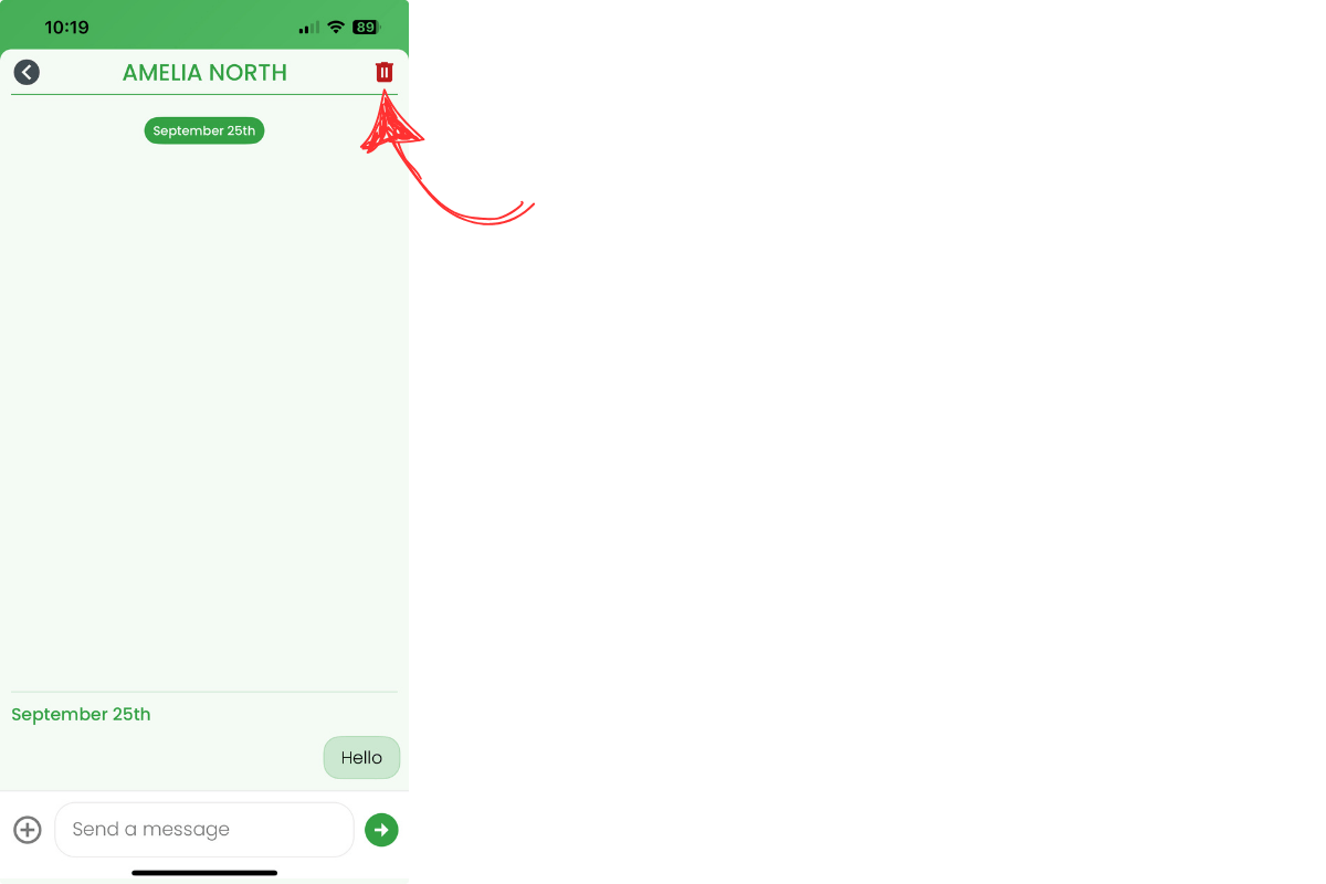 Mobile chat screen with delete icon