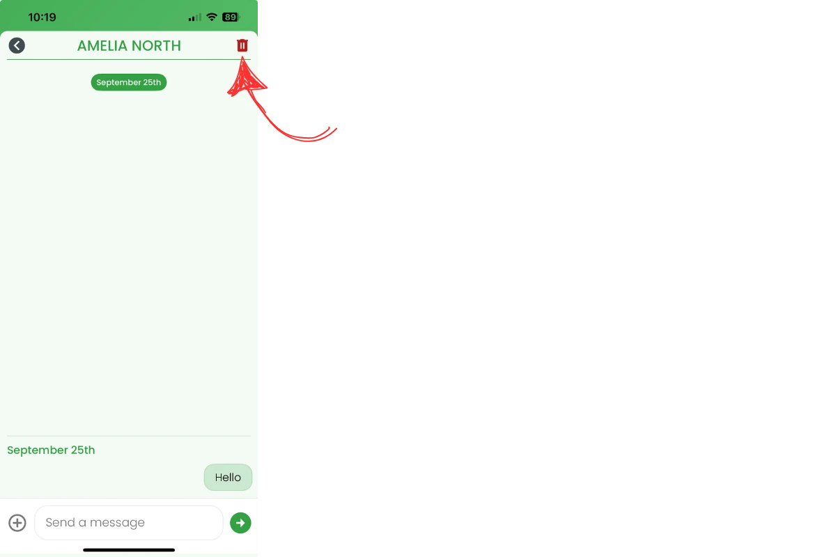 Mobile chat screen with delete icon