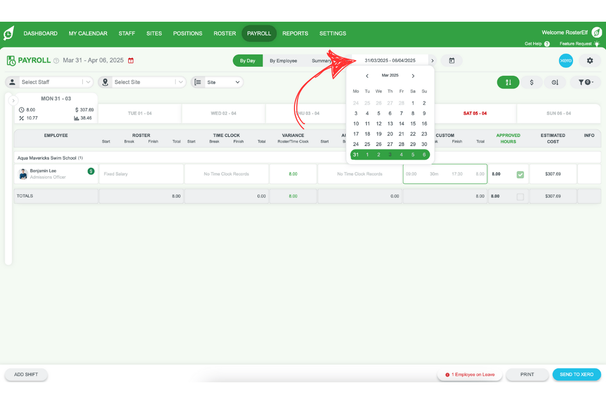Selecting date ranges in RosterElf