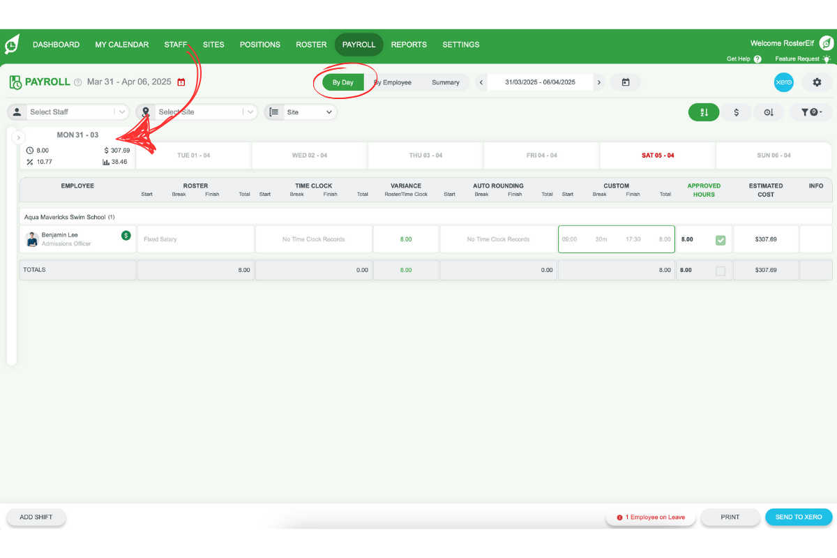 Daily view date selection in RosterElf