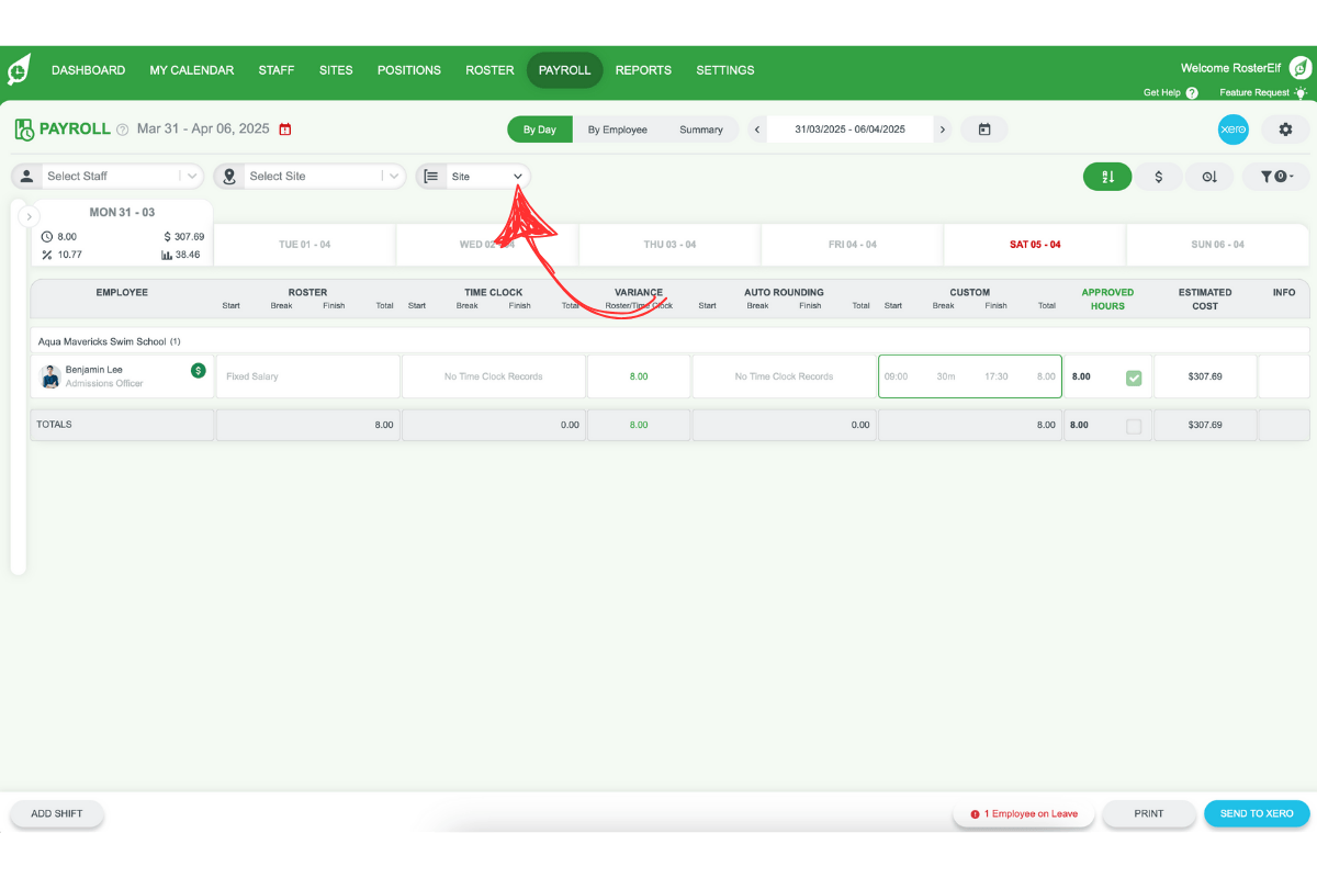 Filtering payroll data by Staff, Site, or Position in RosterElf