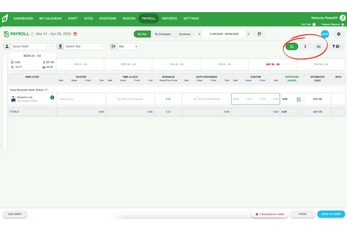 Sorting payroll data by name, cost, or shift length