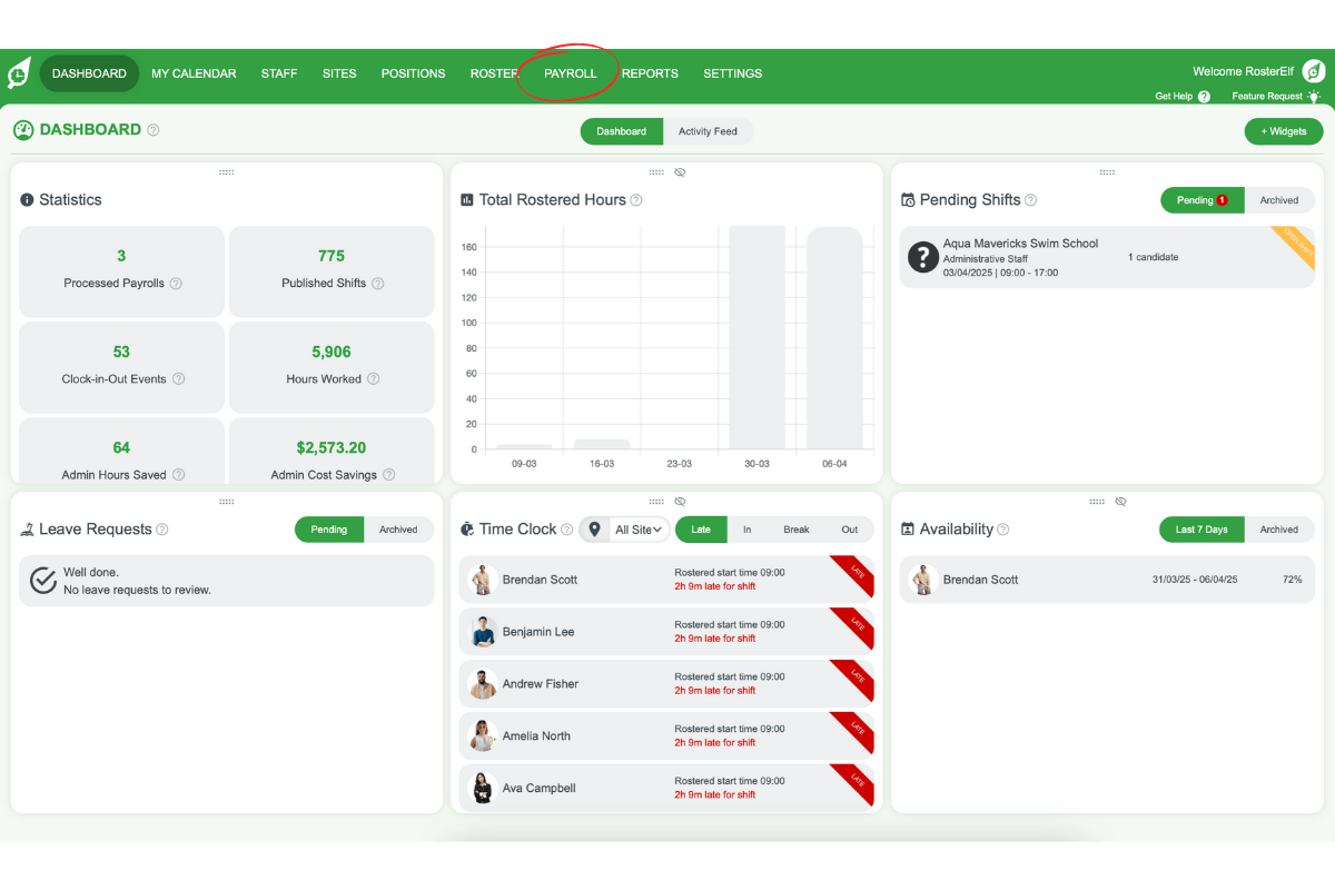 Payroll tab in RosterElf