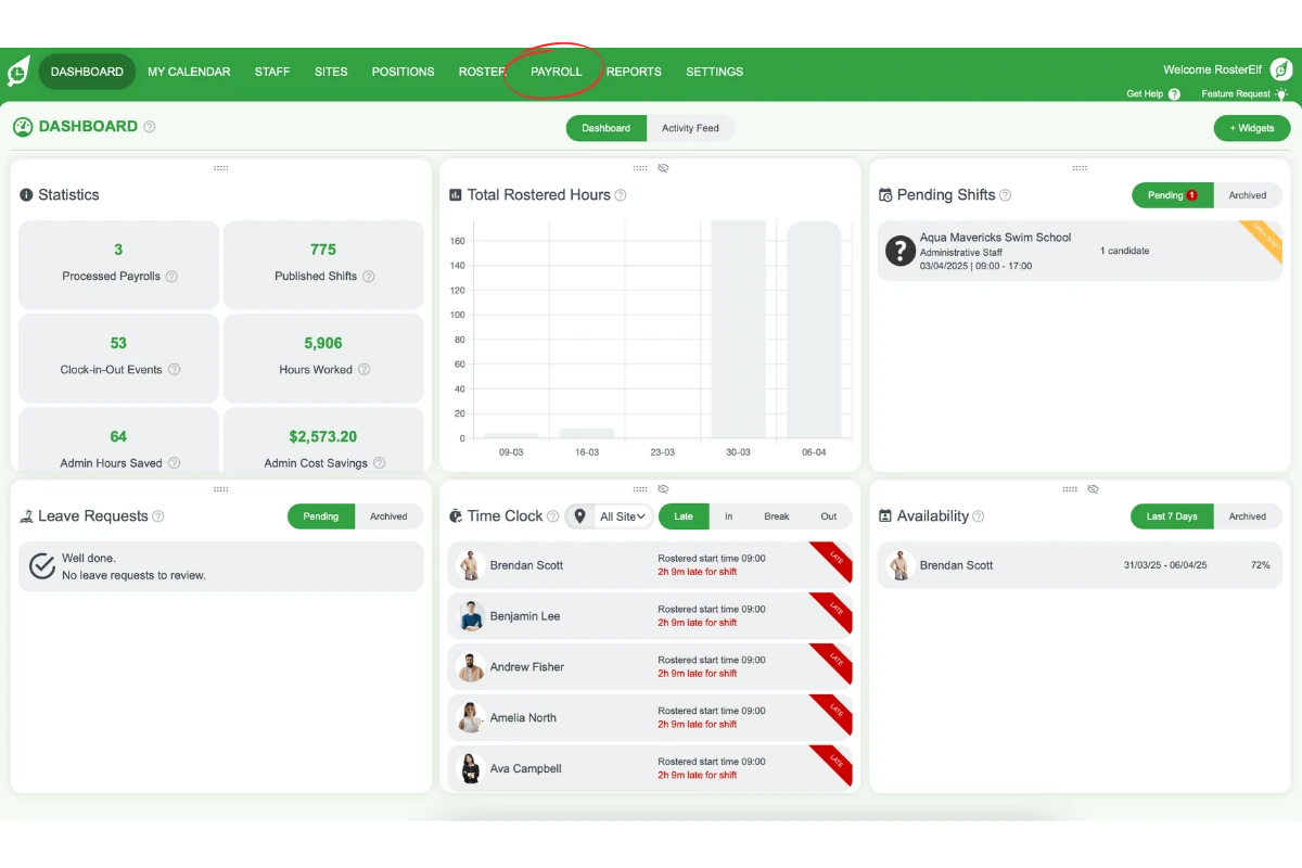 Payroll tab in RosterElf