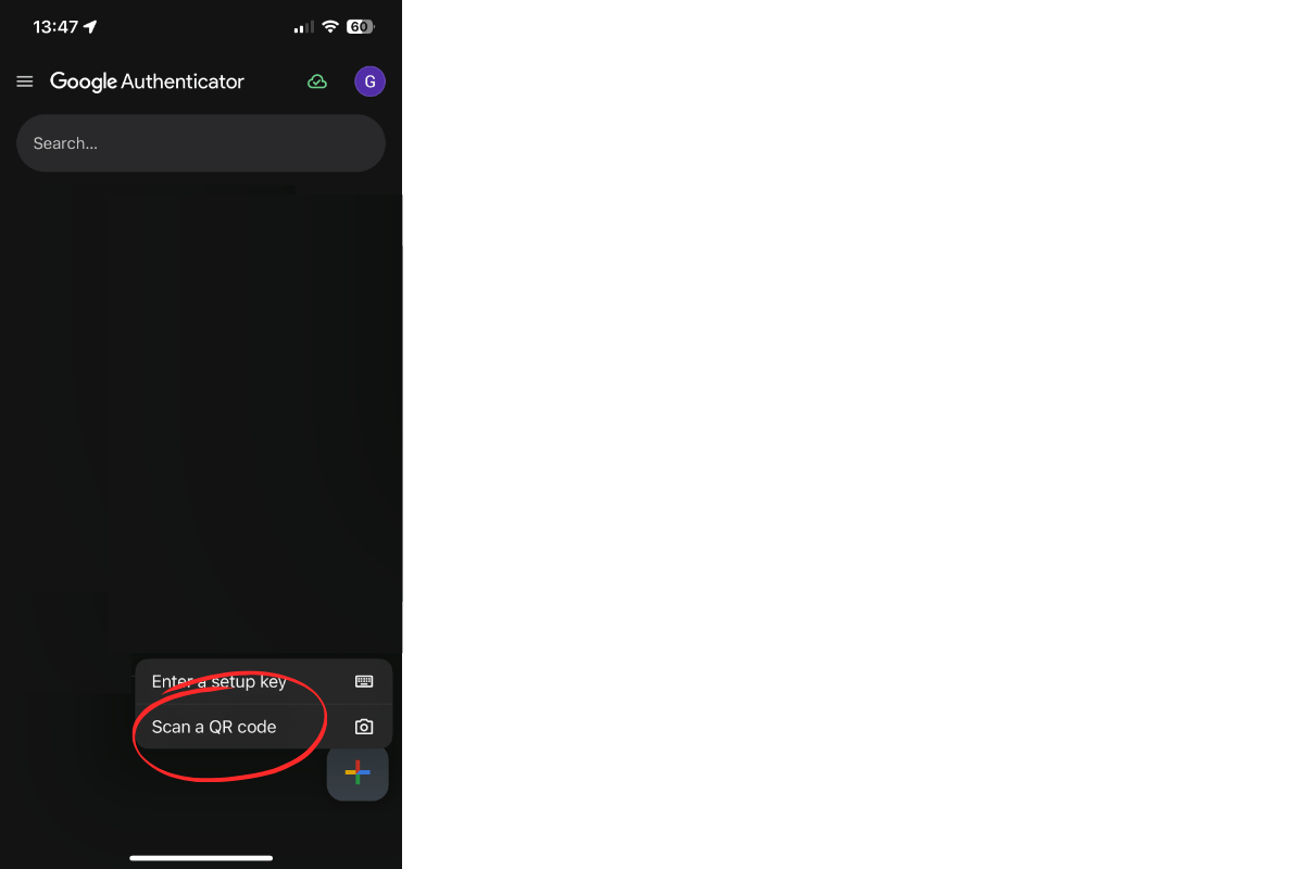 Google Authenticator interface with plus sign to add new account