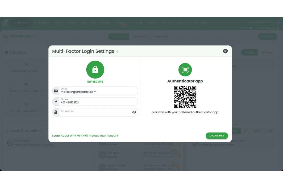 RosterElf Multi-Factor Login Settings window showing a QR code to scan with an authenticator app