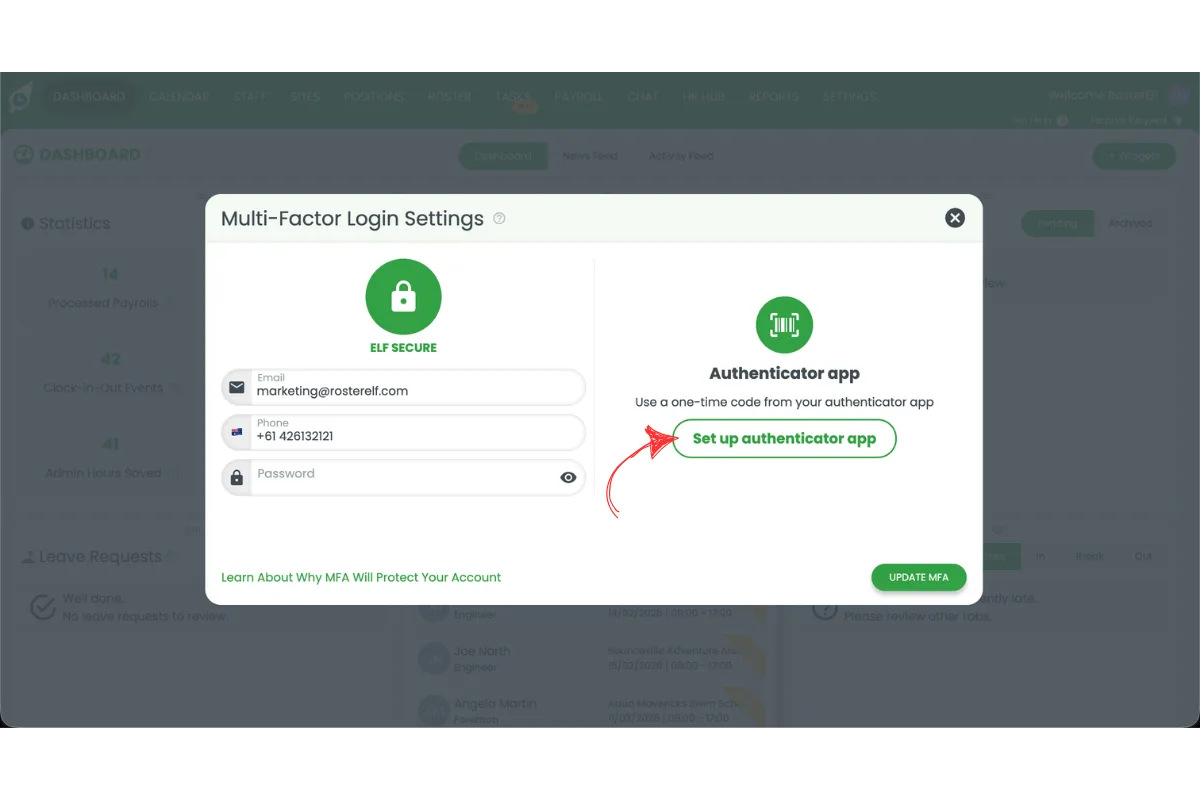RosterElf Multi-Factor Login Settings window with the Set up authenticator app button highlighted
