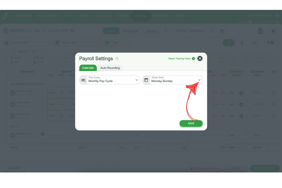 Screenshot showing the list of Week Start Cadence options