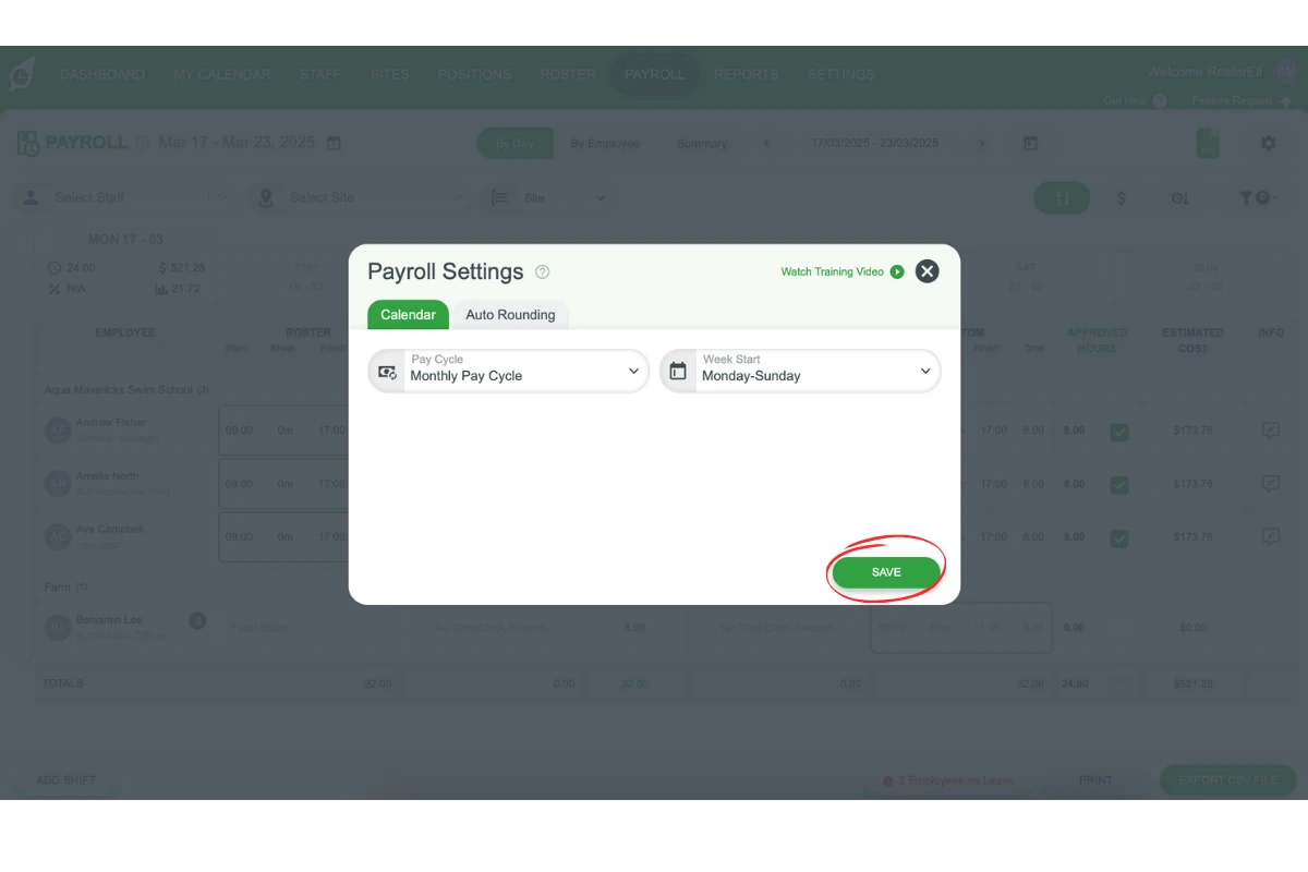 Screenshot highlighting the Save button for finalizing monthly payroll settings