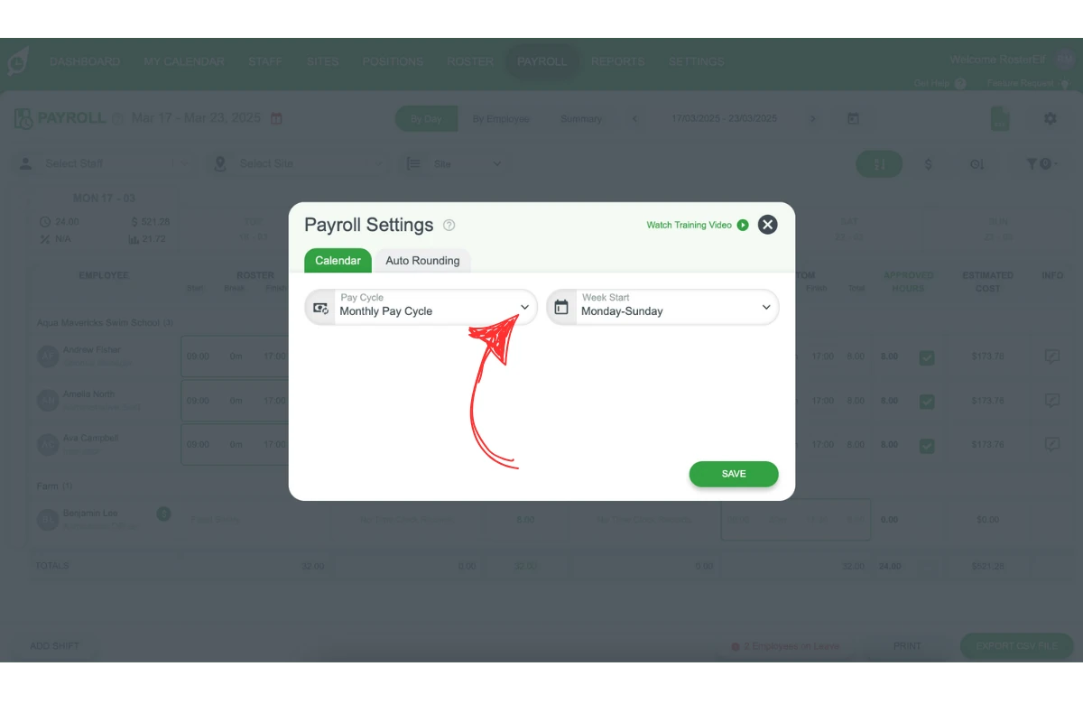 Screenshot displaying the Monthly Pay Cycle option