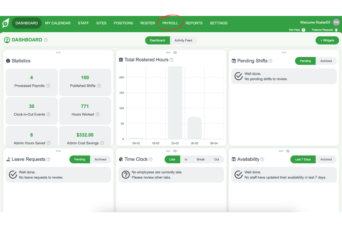 Payroll section in RosterElf