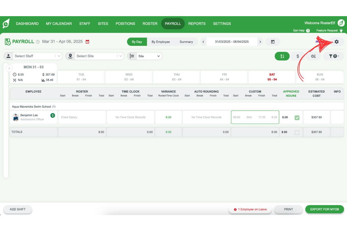 Payroll settings screen in RosterElf