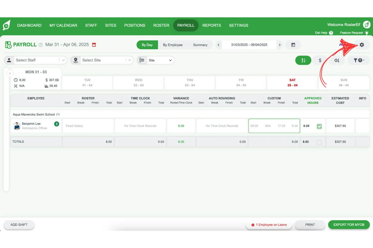 Payroll settings screen in RosterElf