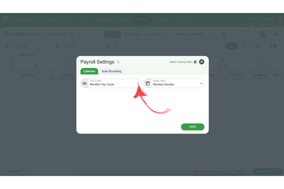 Payroll section in RosterElf