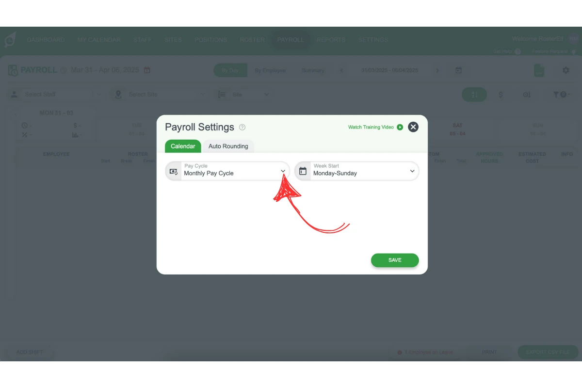 RosterElf payroll pop-up with Monthly Pay Cycle chosen in the Pay Cycle dropdown