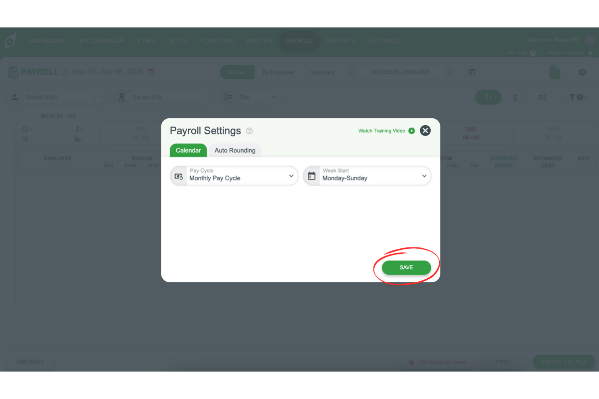 Payroll section in RosterElf