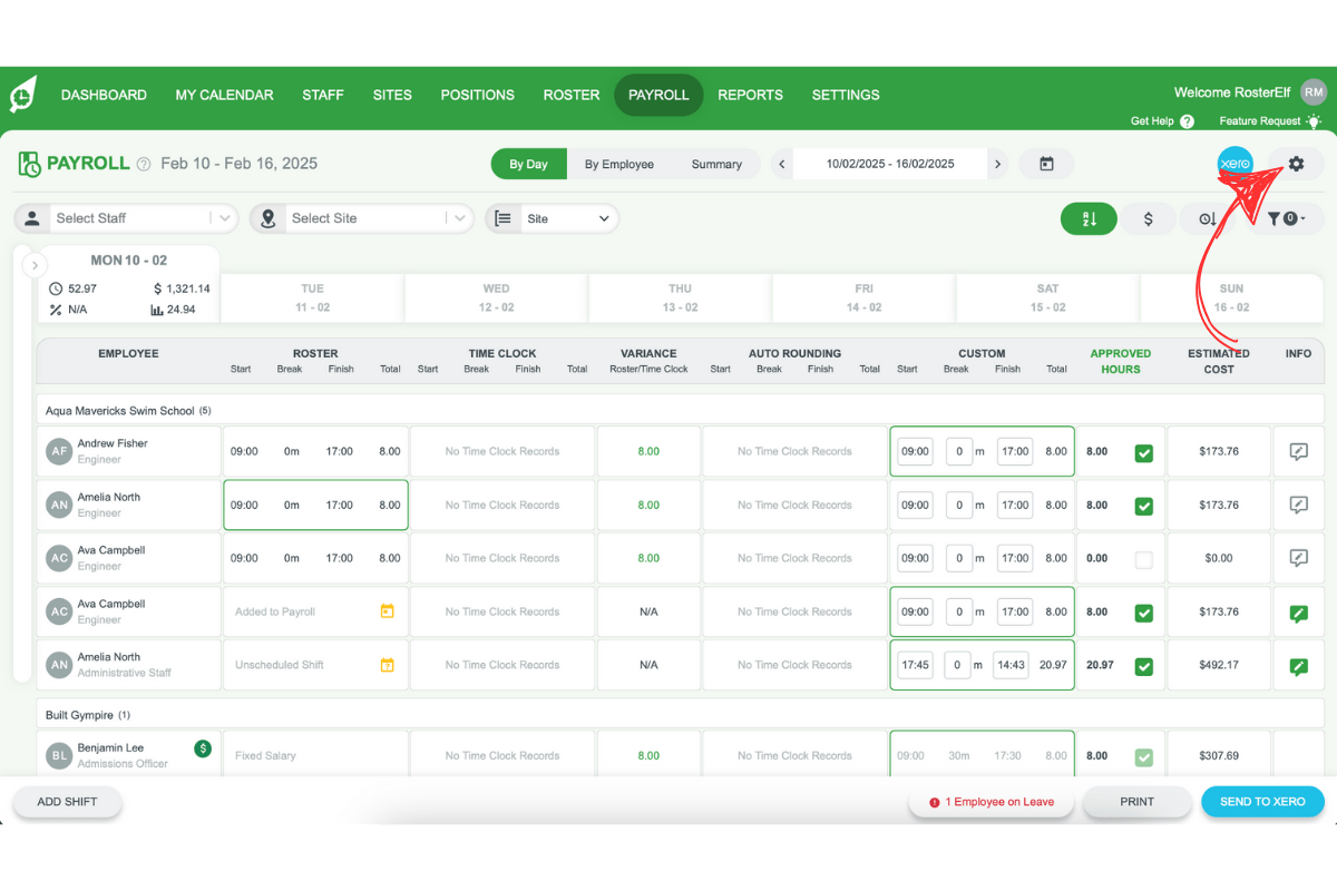 Screenshot pointing to the Settings gear icon in Xero