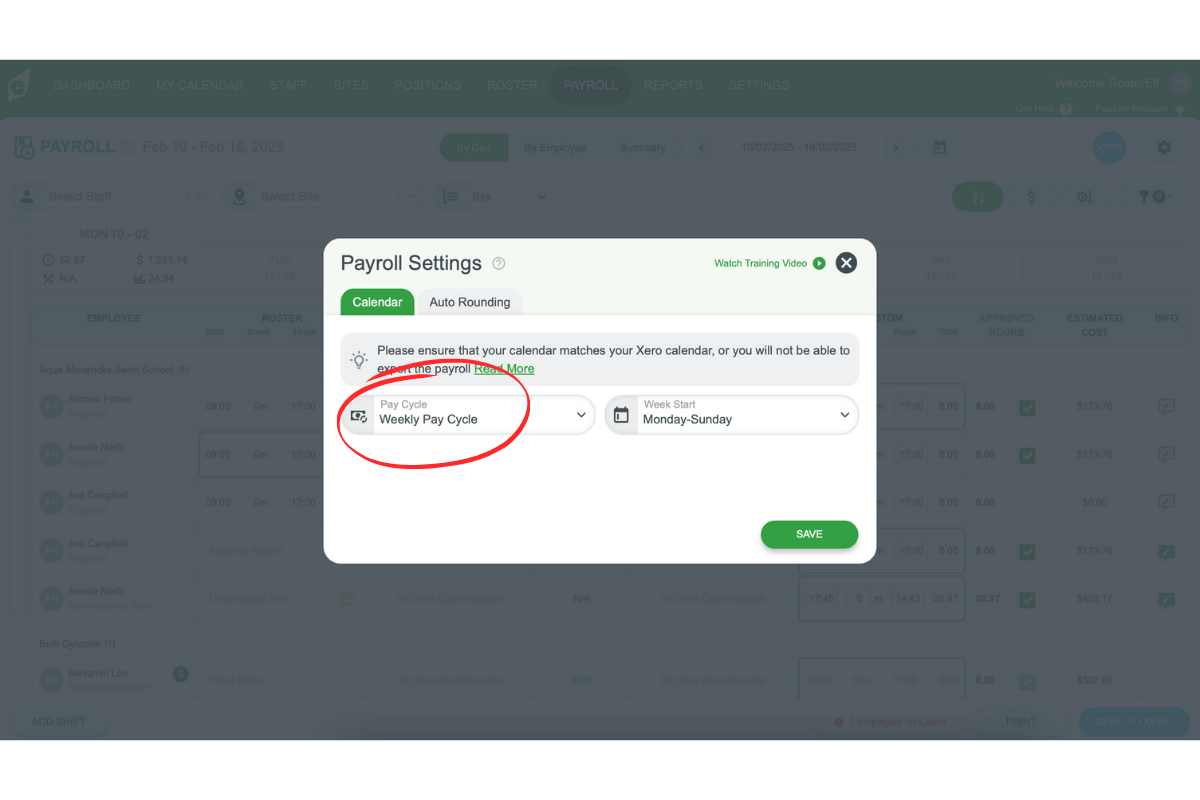 Screenshot of the Payroll Calendars section in Xero