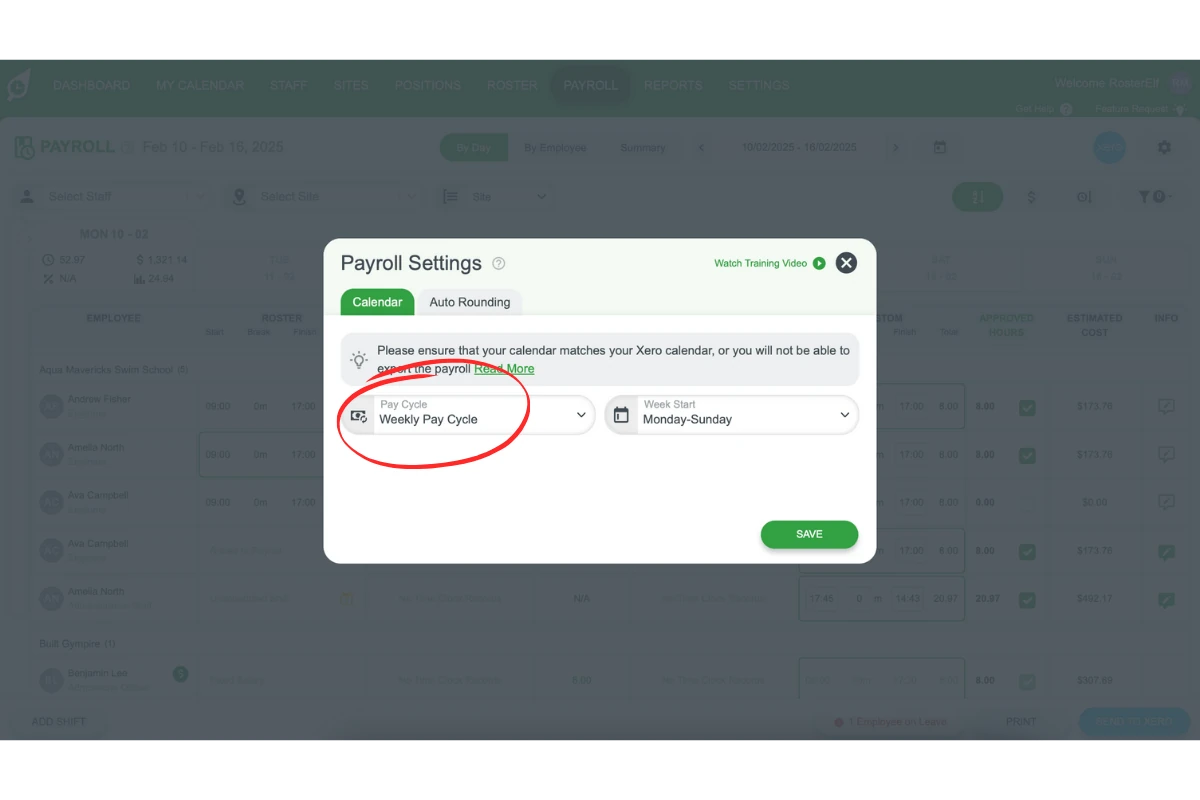 Screenshot of the Payroll Calendars section in Xero