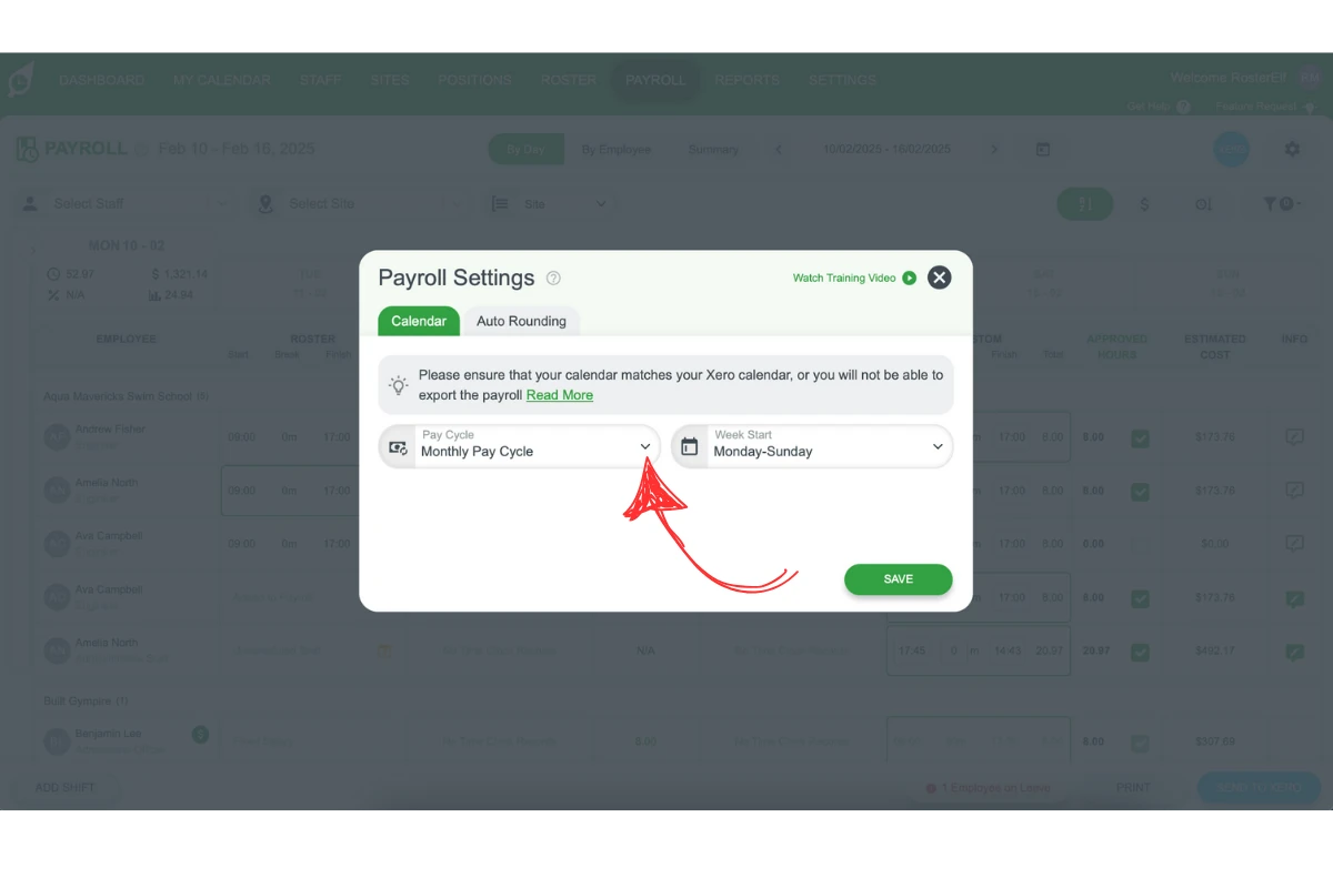 Screenshot displaying the option to choose Monthly payroll frequency