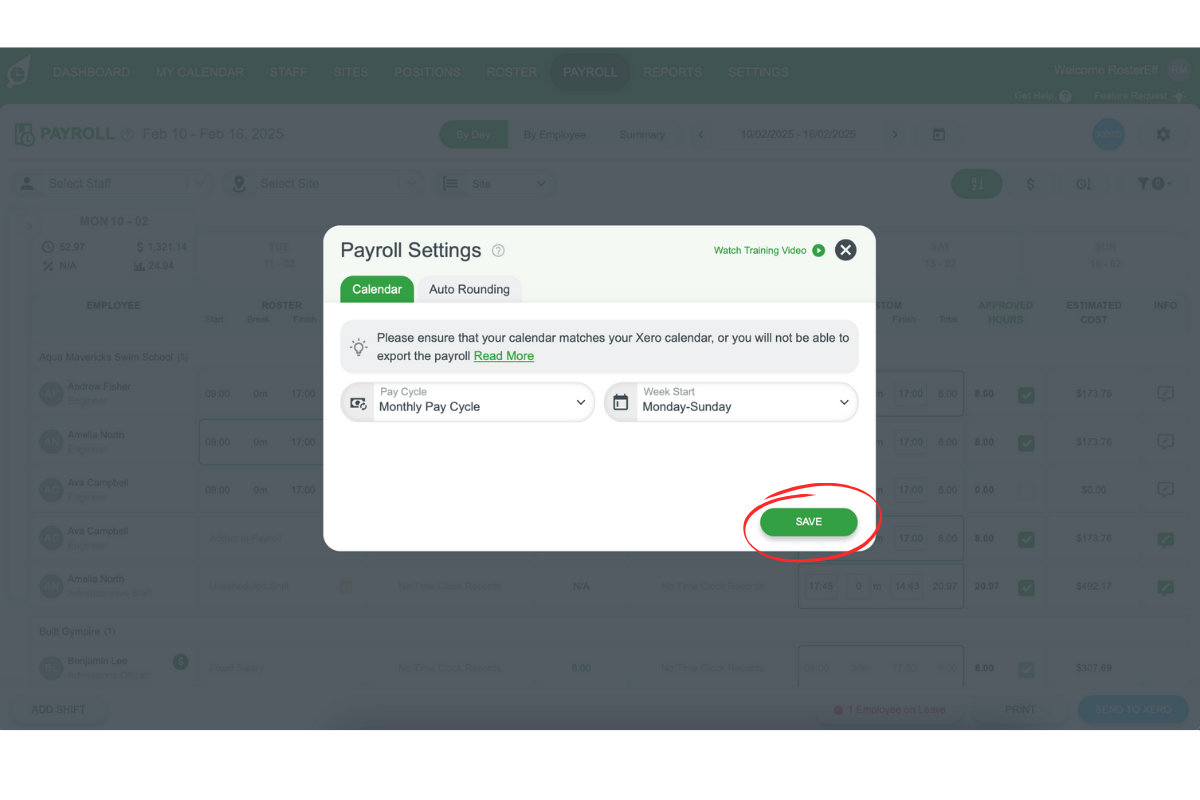 Screenshot of the Save button in Xero payroll settings