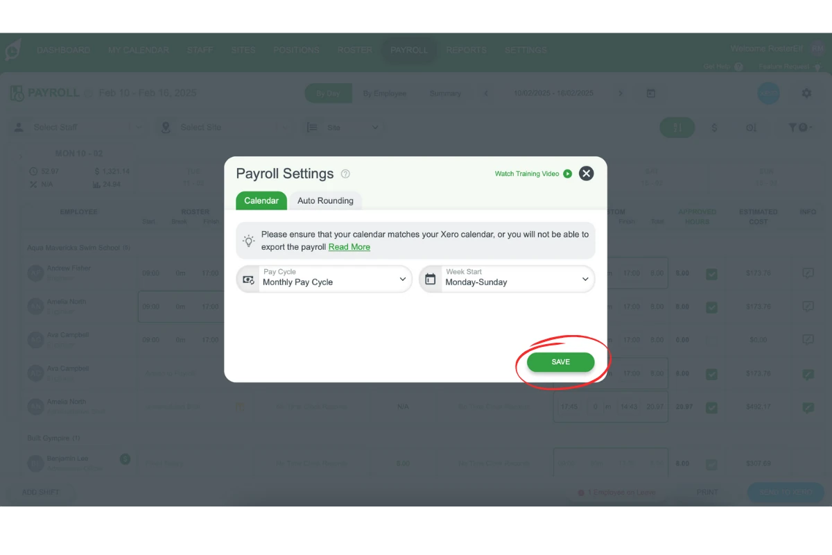 Screenshot of the Save button in Xero payroll settings