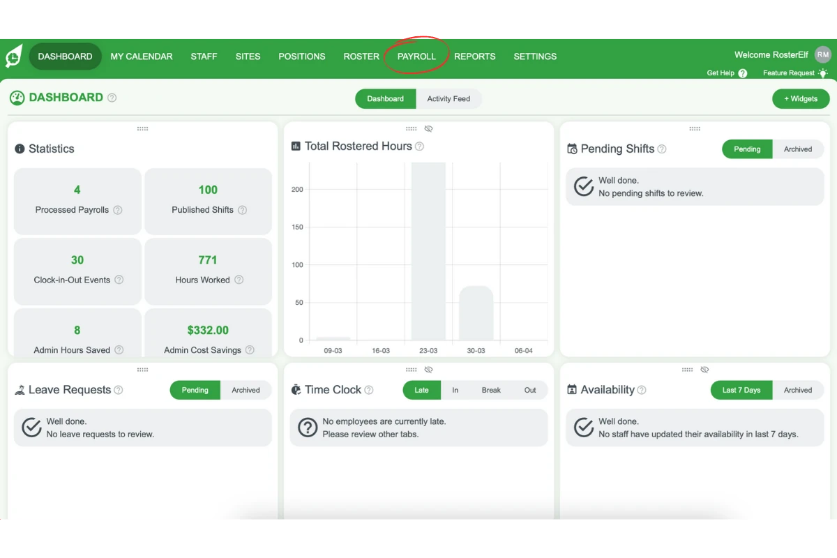 Screenshot highlighting the Payroll menu in Xero
