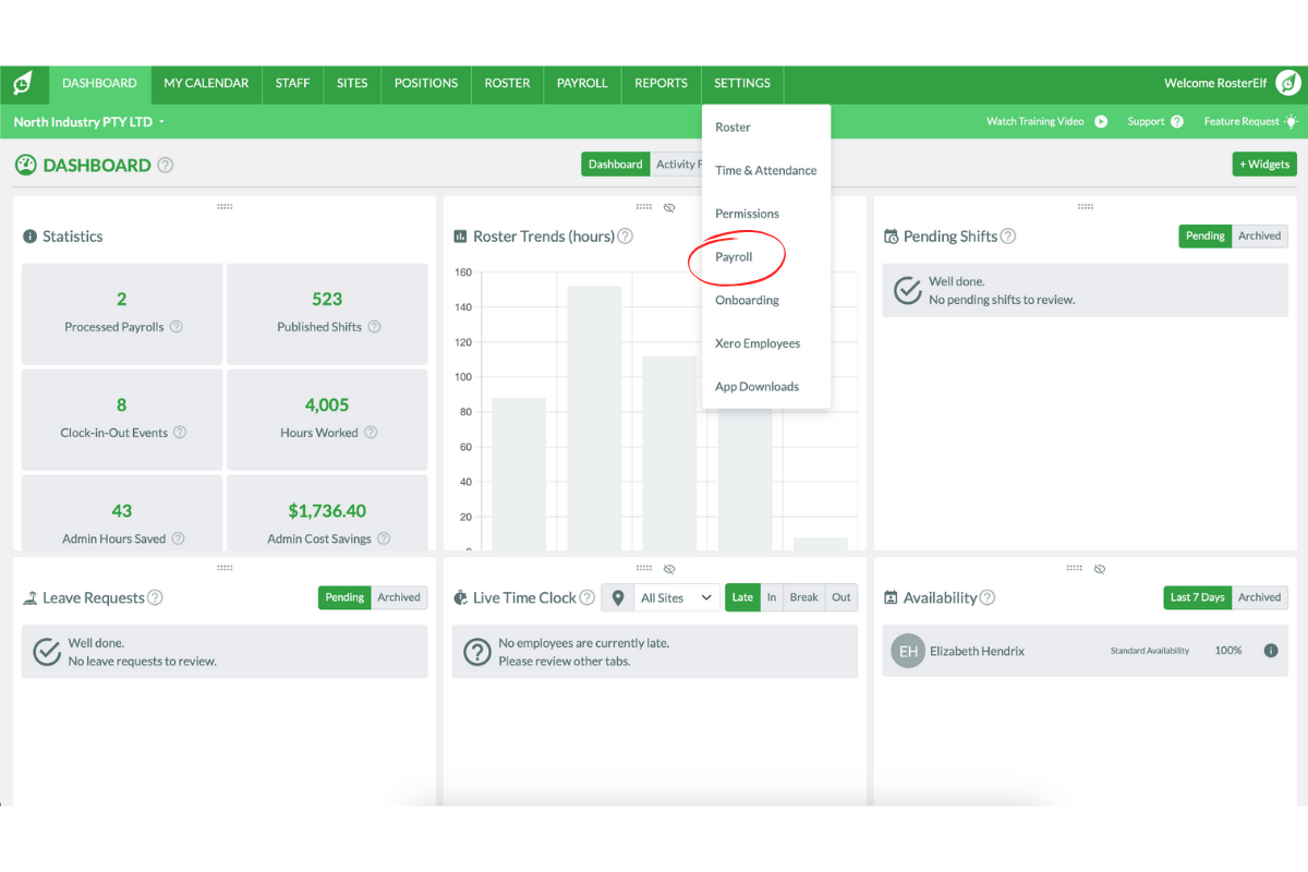 RosterElf Settings Payroll