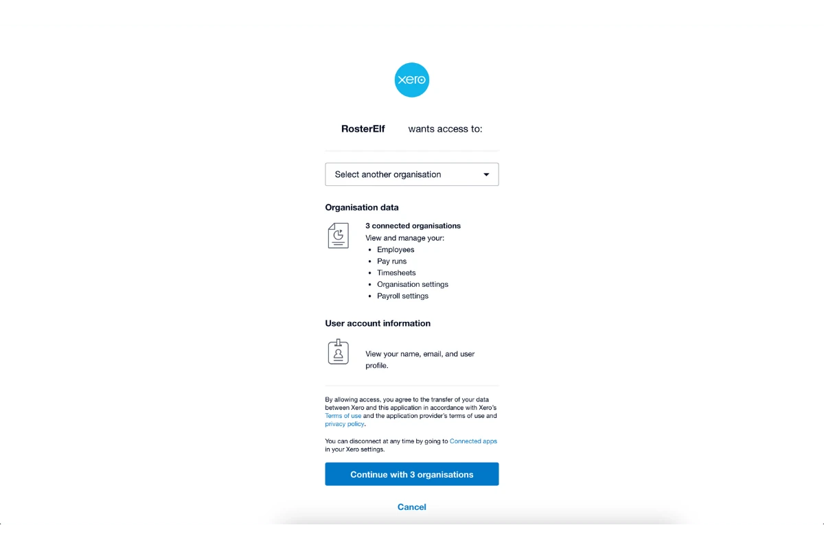 Xero login screen for selecting the organisation to connect to RosterElf